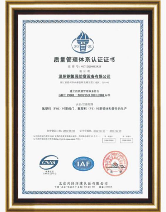 钢氟强质量管理体系认证证书